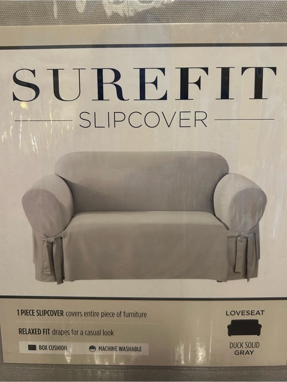 Sure Fit Loveseat Slipcover in Duck Solid Gray Relaxed Fit Box Cushion Cotton